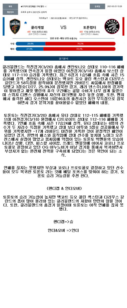 2021년3월22일 클리블랜드 캐벌리어스 토론토 랩터스 해외농구중계 라채티비.png