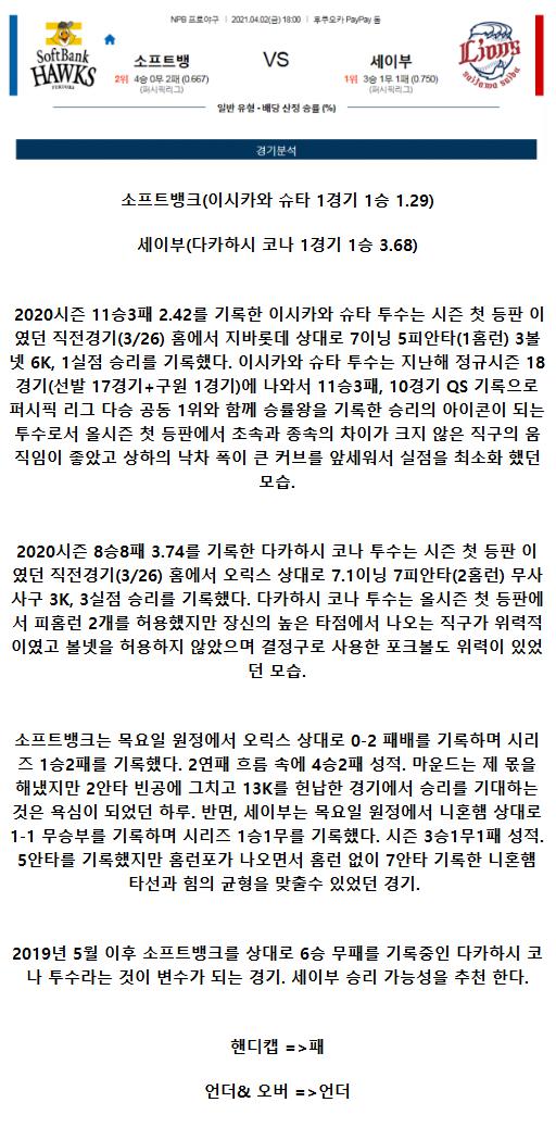 021년4월2일 세이부 라이온스 소프트뱅크 호크스 해외야구중계 라채티비.png